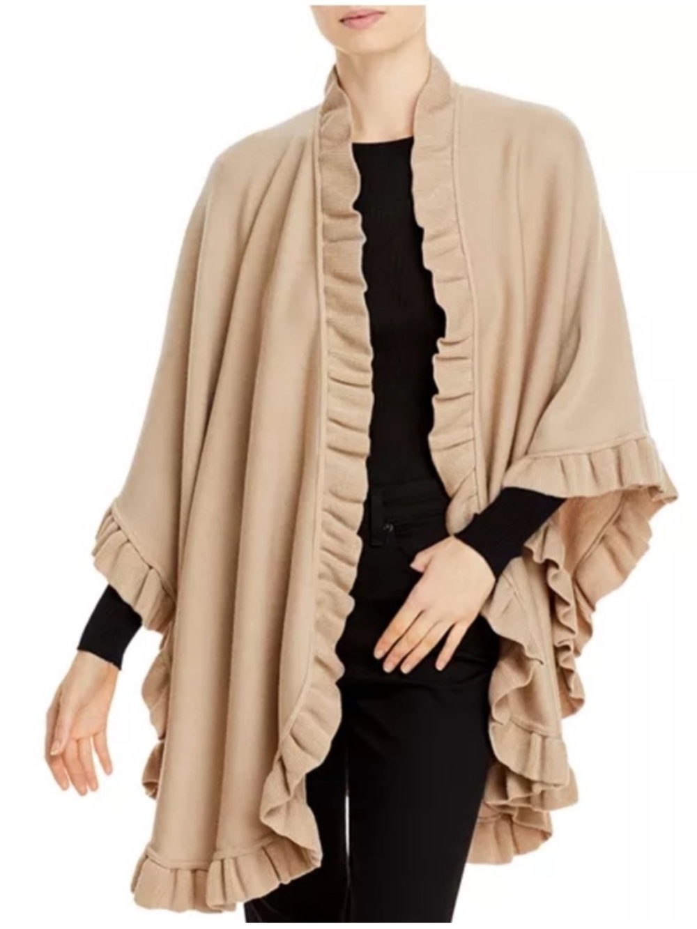 Lane DāOlimpia khaki Beige Ruffle-Trim Open Front Wrap wool Sweater